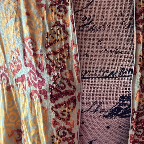 Size L Soft Surroundings yellow patterned open front blouse with beaded trim - Picture 2 of 4